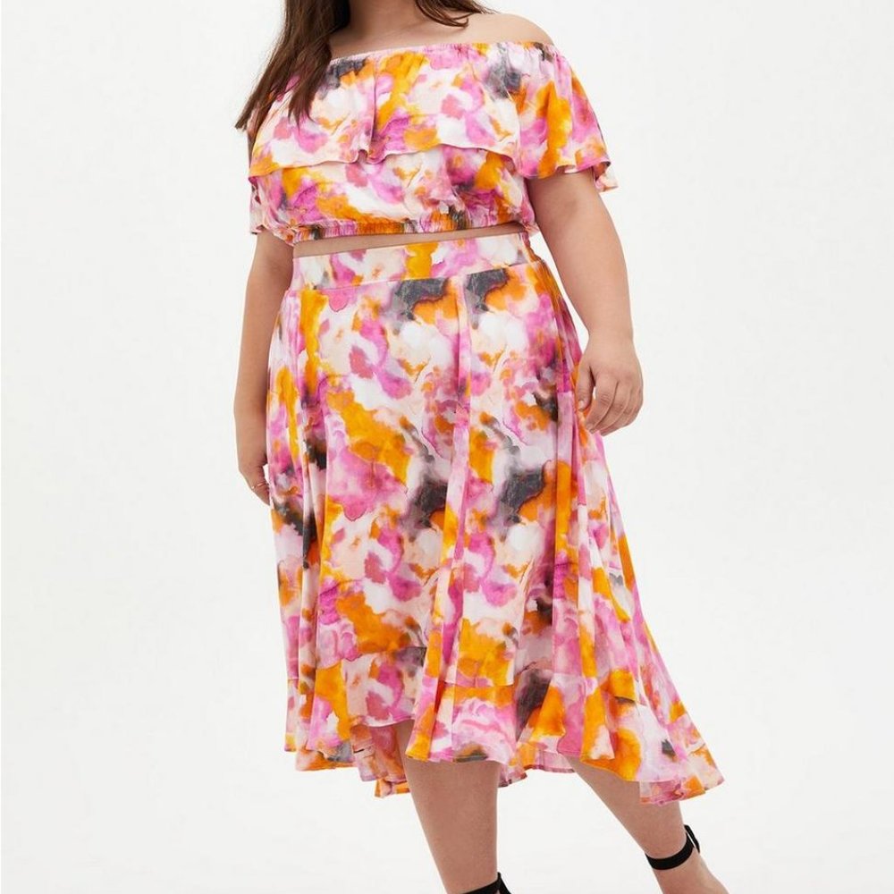 Multi Watercolor Tie-Dye Off Shoulder Skirt Set